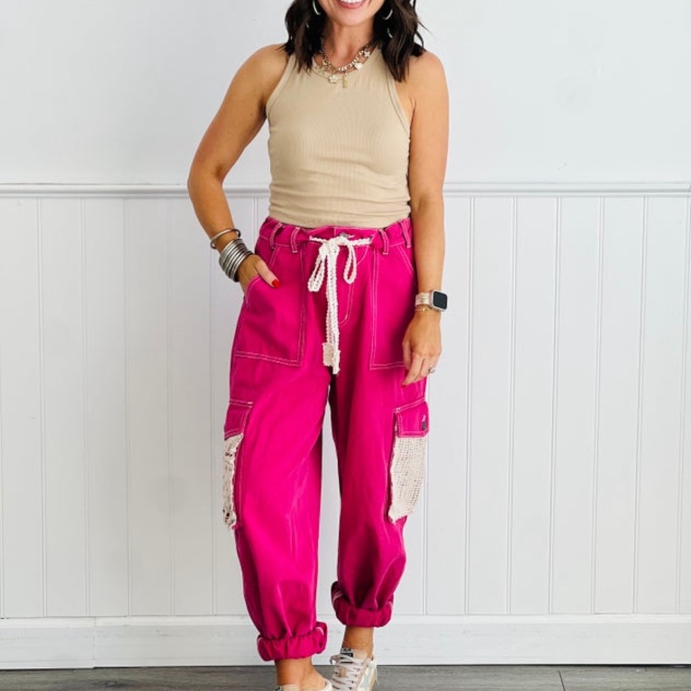 POL Fuchsia Drawstring Cargo Joggers with Crochet Pocket - Picture 4 of 6